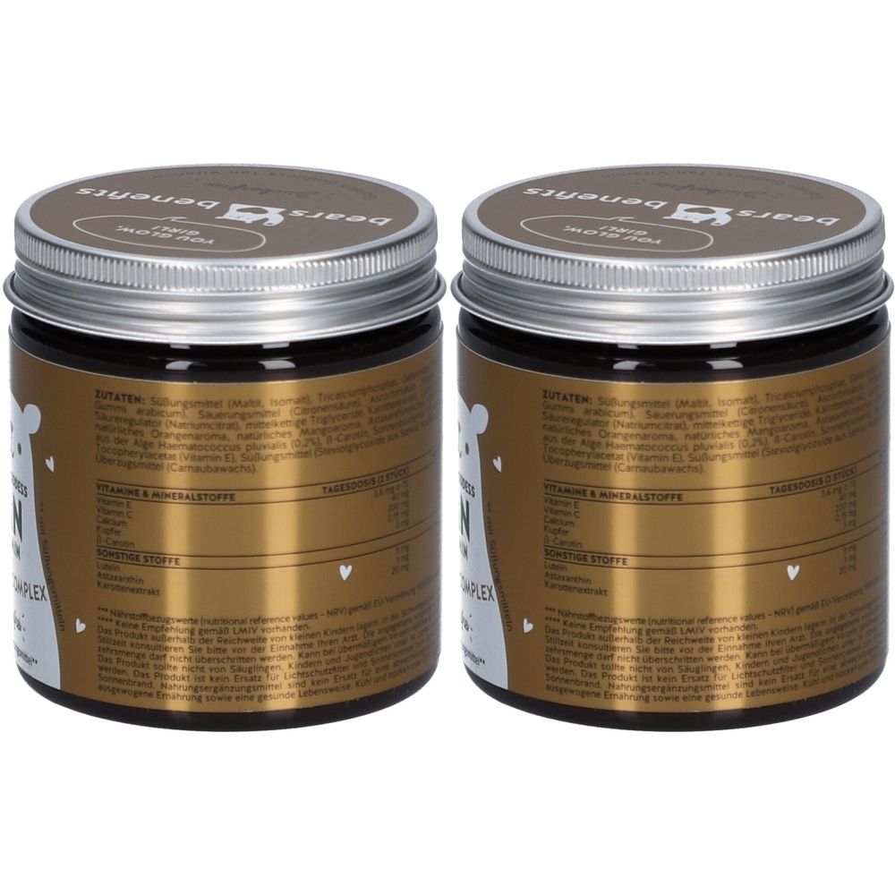 Deux pots bruns avec couvercles argentés. Inscription: BEARS WITH BENEFITS. Étiquette avec ingrédients et vitamines.