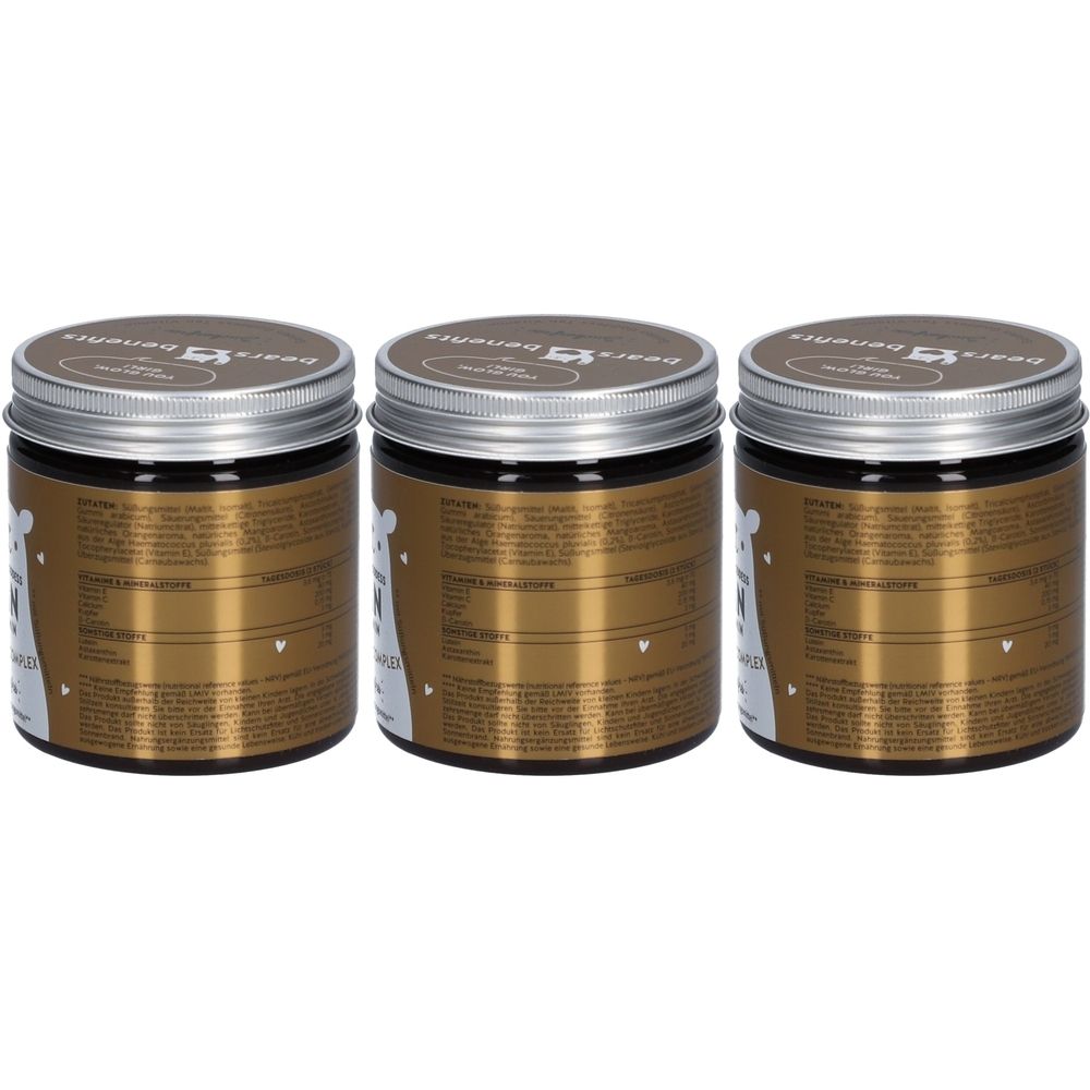 Trois pots bruns avec des couvercles argentés. Les étiquettes affichent des informations et le logo Bears with Benefits.