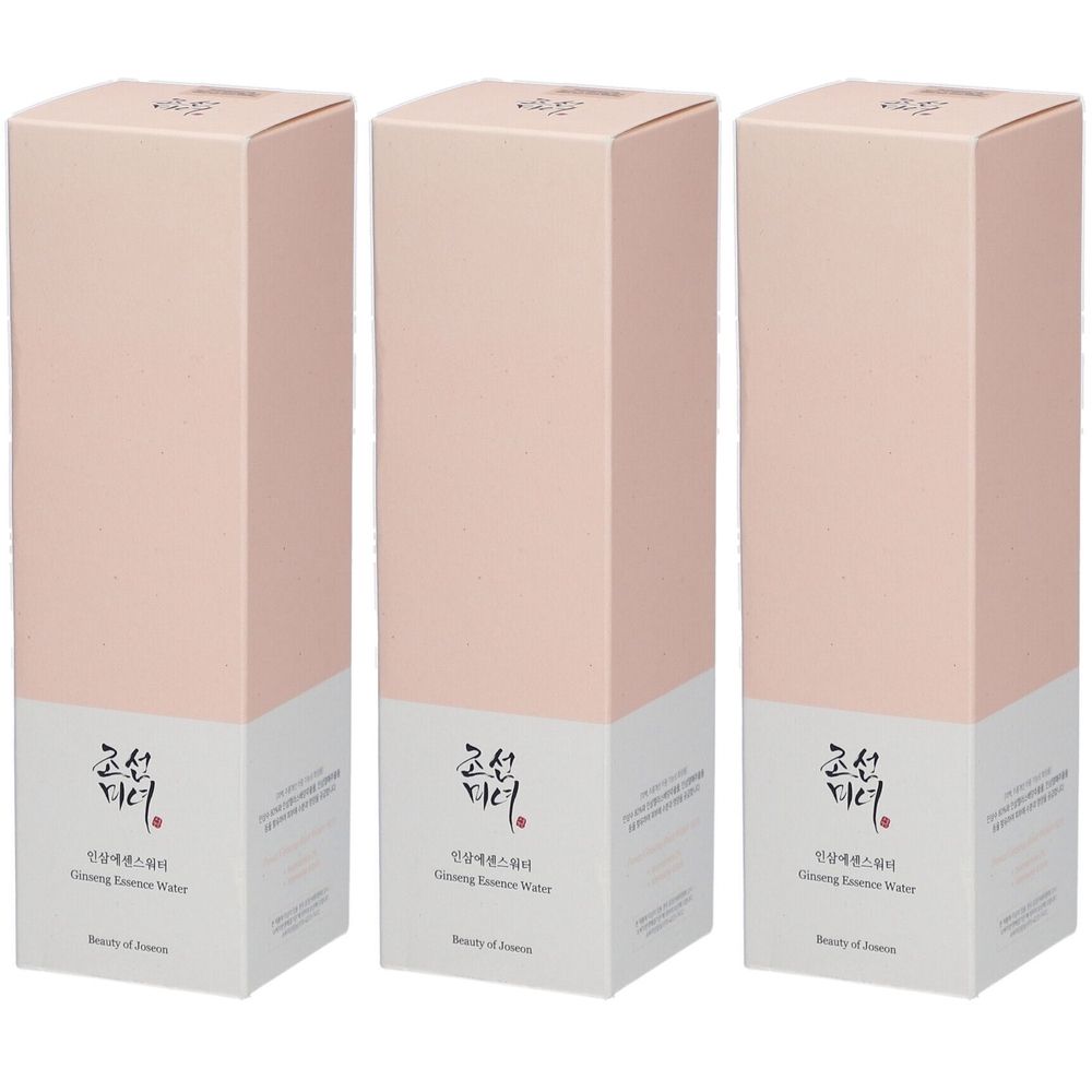 Trois boîtes rectangulaires roses et blanches. Texte en caractères asiatiques et nom de la marque "Beauty of Joseon" sur la partie blanche.