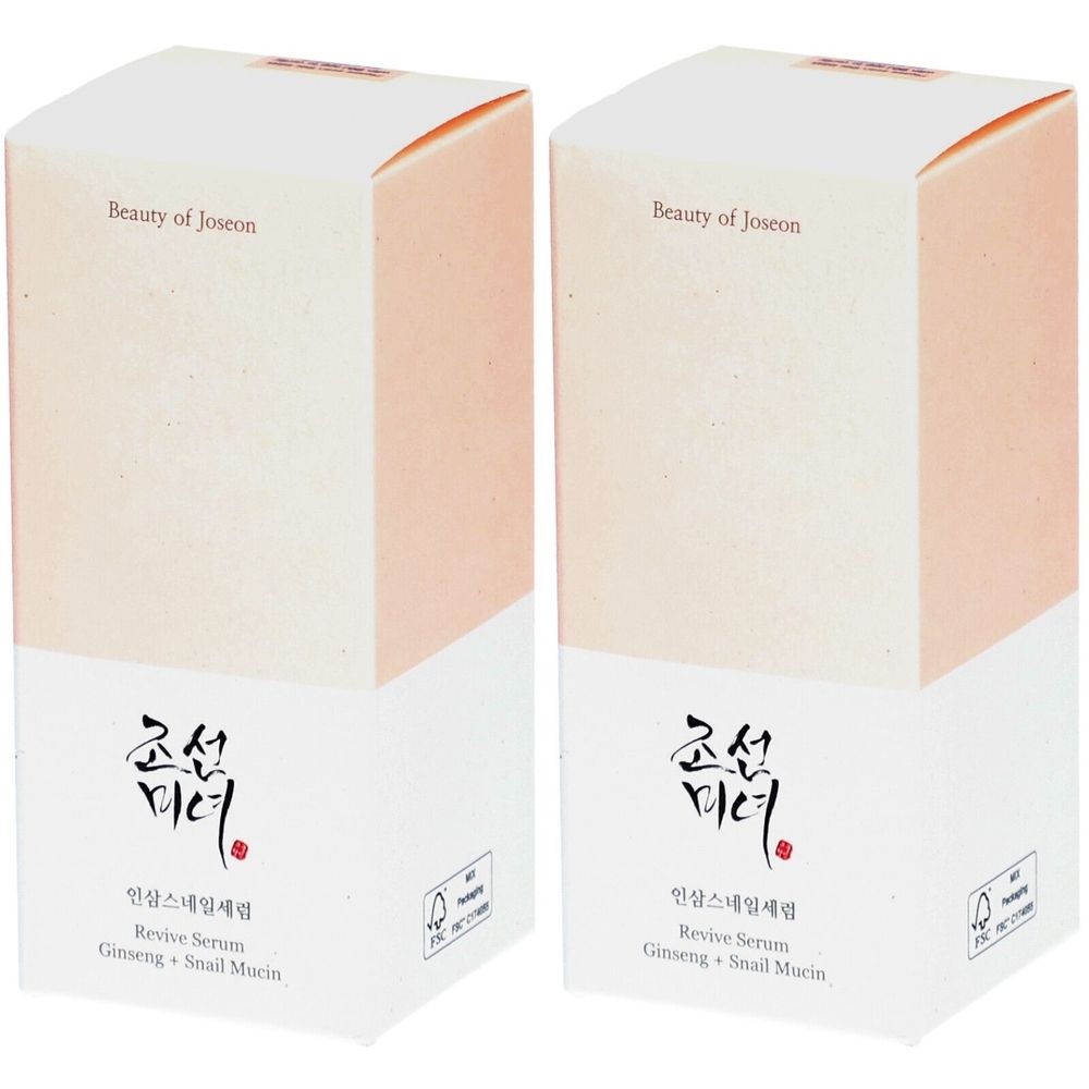 Deux boîtes rectangulaires. Inscription: Beauty of Joseon, Revive Serum Ginseng + Snail Mucin. Logo FSC.
