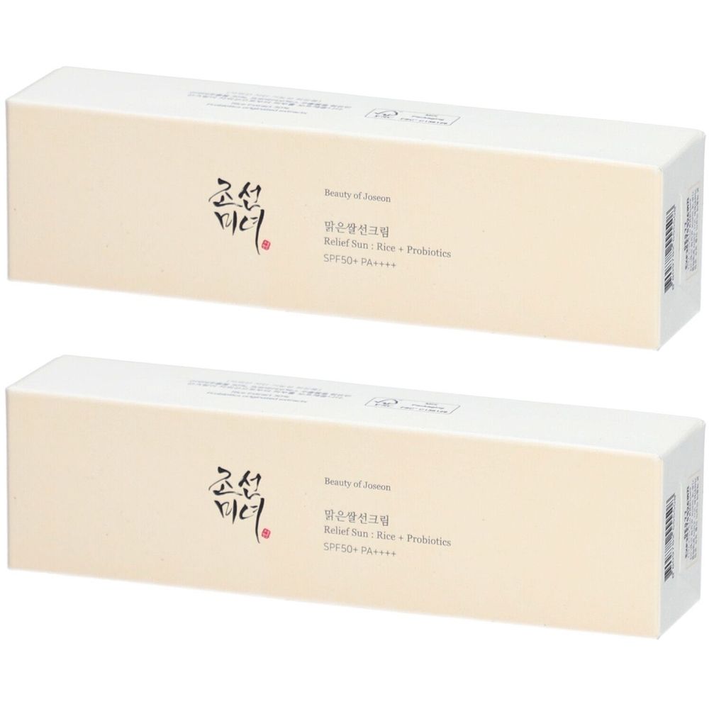 Deux boîtes rectangulaires crème. Inscription : Beauty of Joseon, Relief Sun Rice Probiotics SPF50+. Protection solaire.
