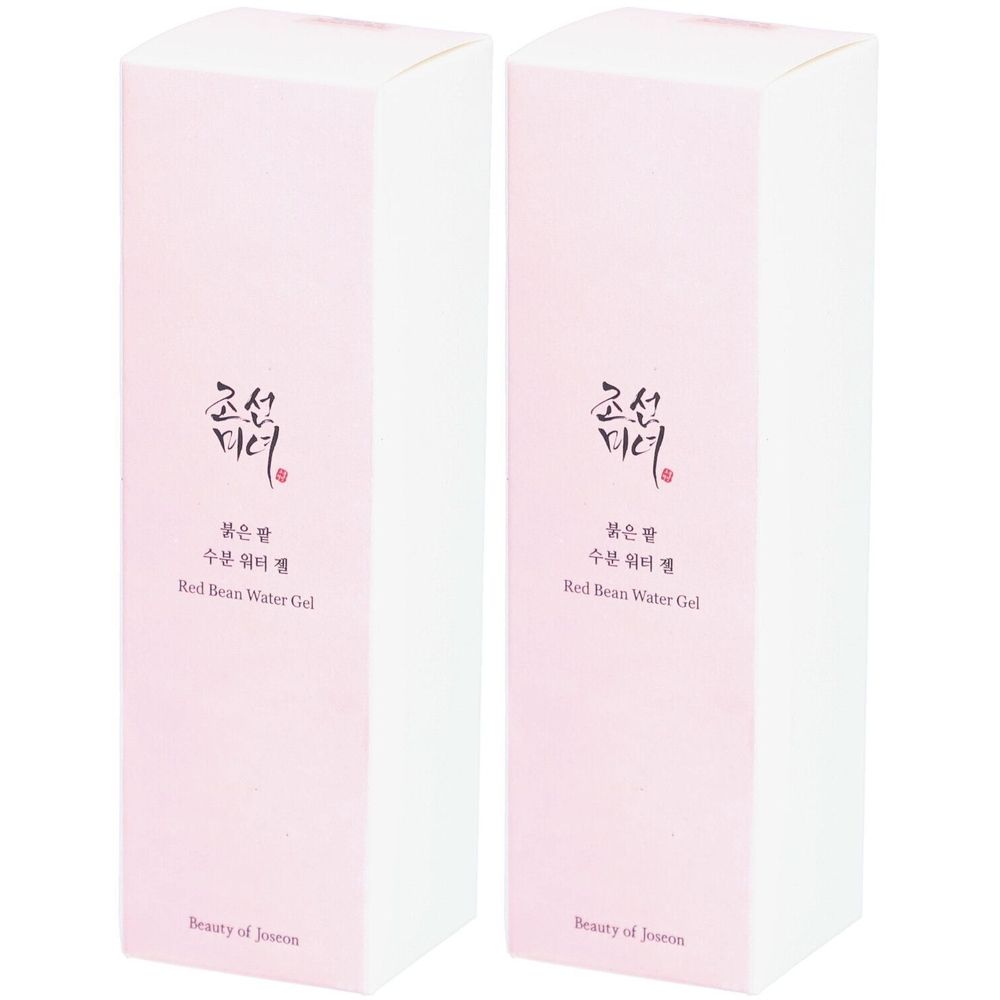 Deux boîtes rectangulaires. Emballage rose et blanc avec texte coréen et anglais : Red Bean Water Gel. Marque : Beauty of Joseon.