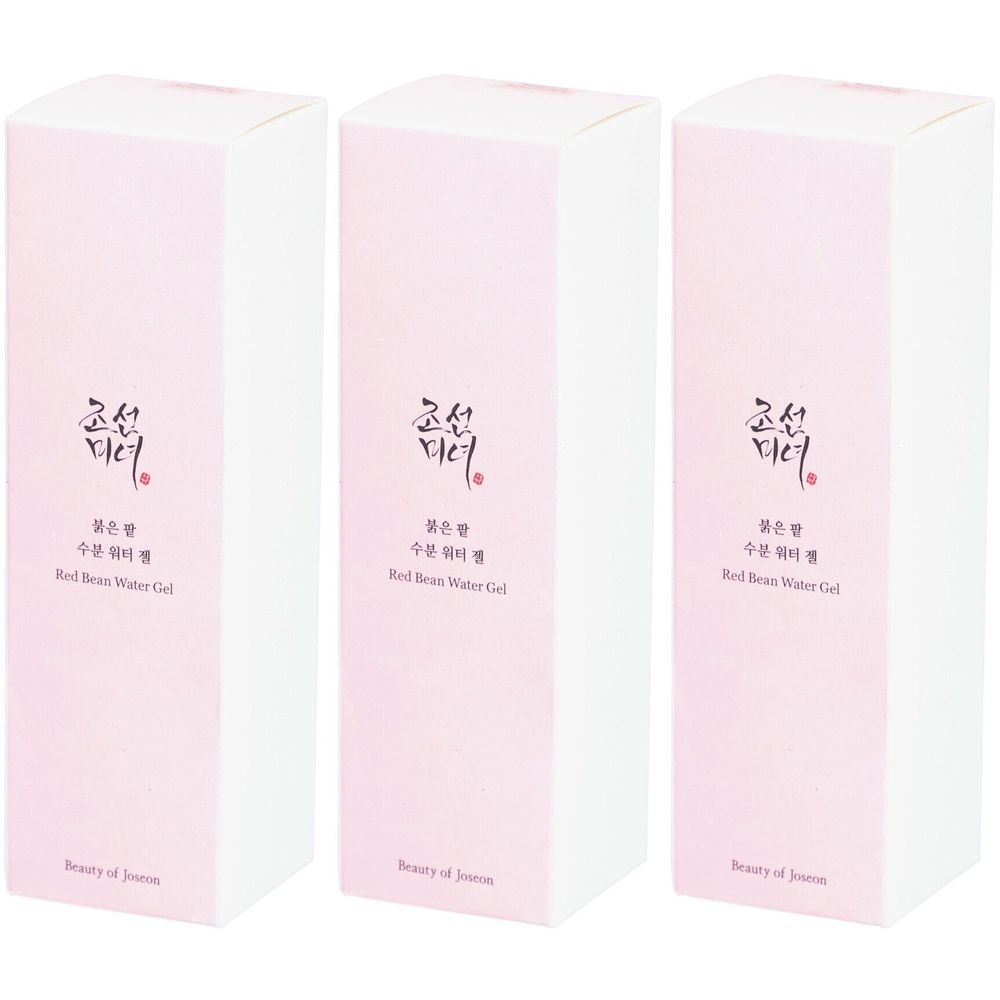Trois boîtes rectangulaires. Couvercle rose avec caractères et texte: Red Bean Water Gel. Marque: Beauty of Joseon.