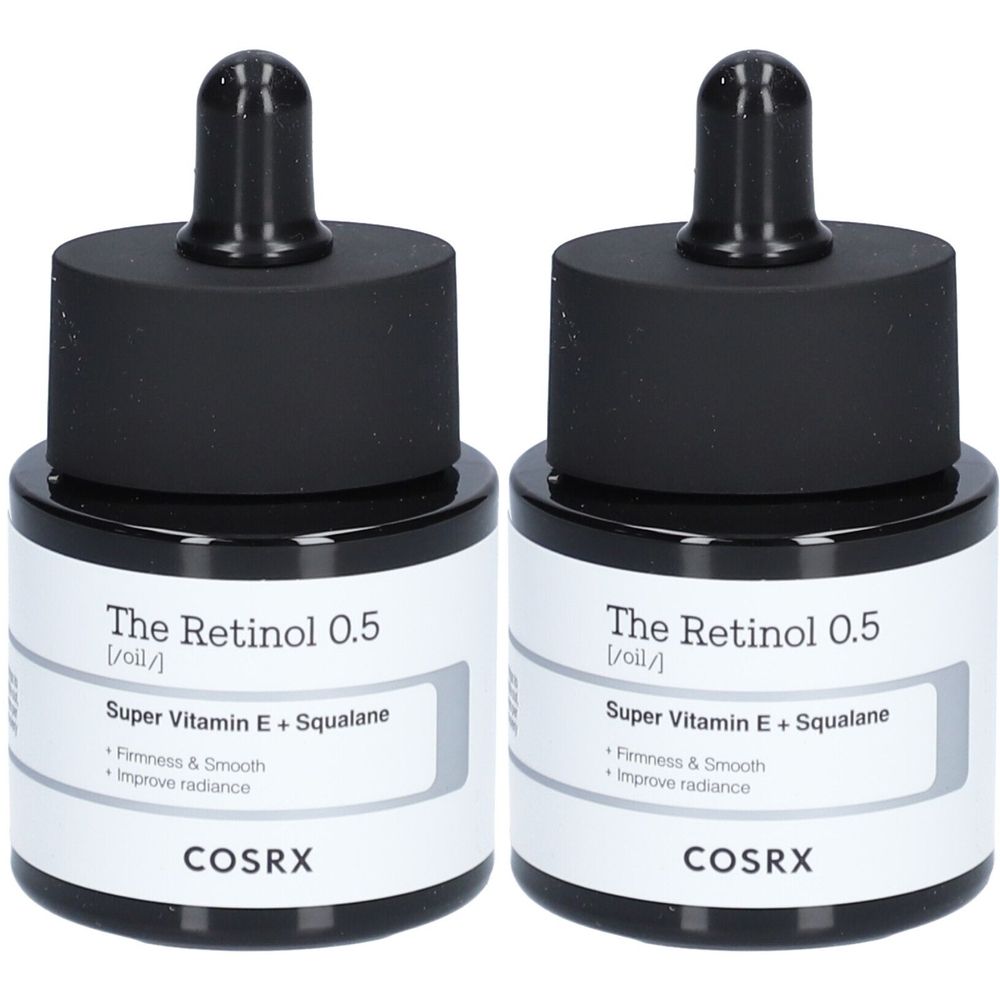 Deux flacons avec bouchon noir et pipette. Inscription : The Retinol 0.5, Super Vitamin E + Squalane, COSRX.