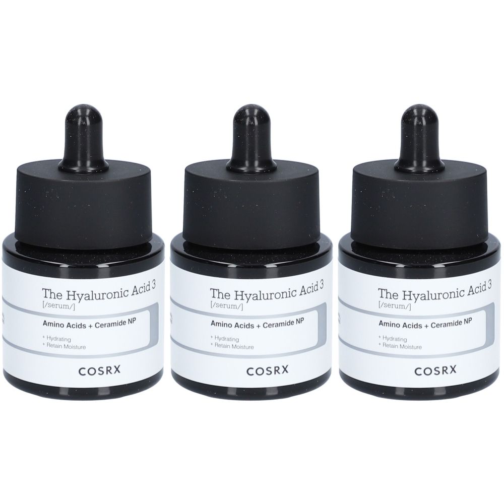 Trois flacons de sérum avec bouchon noir et pipette. L'étiquette indique "The Hyaluronic Acid 3" et "COSRX".
