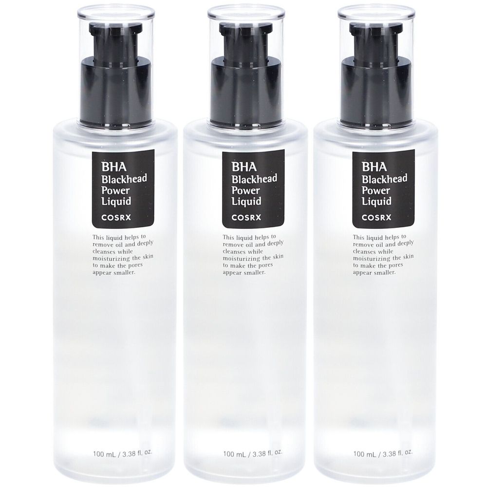 Trois flacons transparents avec pompe noire. L'étiquette indique "BHA Blackhead Power Liquid" et "COSRX".