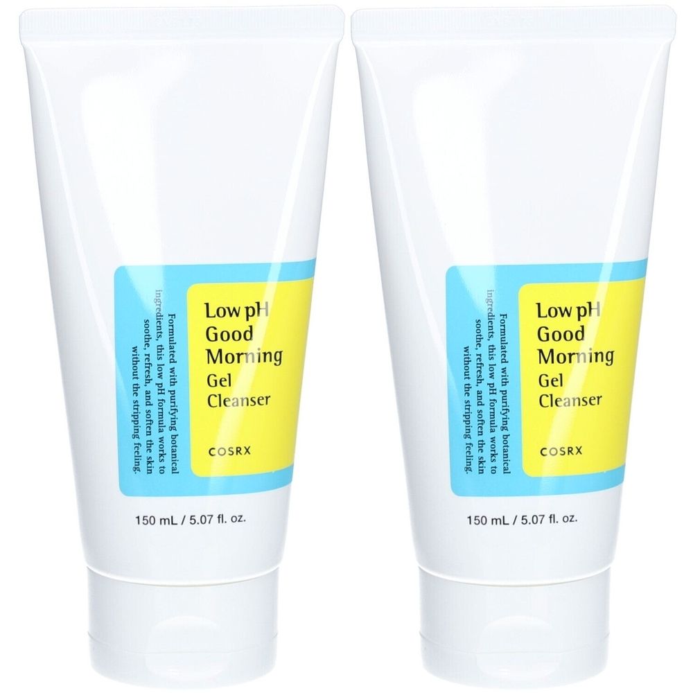 Deux tubes blancs avec étiquette bleue. Inscription : Low pH Good Morning Gel Cleanser. Marque : COSRX. Volume : 150 ml.