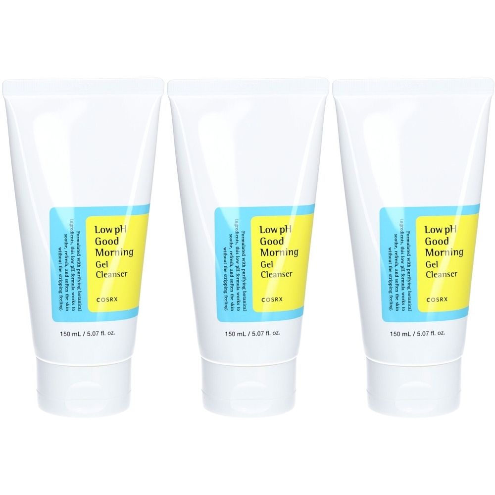 Trois tubes blancs avec étiquettes bleu et jaune. Inscription: Low pH Good Morning Gel Cleanser. Marque: COSRX.
