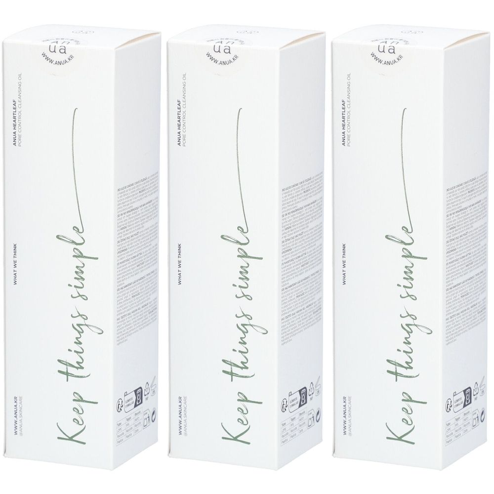 Trois boîtes blanches. Inscription: Keep things simple. Logo: ua. Texte: ANUA HEARTLEAF PORE CONTROL.