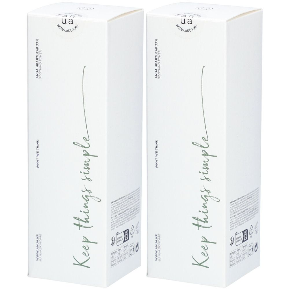 Deux boîtes blanches avec texte. Inscription: ANUA HEARTLEAF 77% SOOTHING TONER. Texte: Keep things simple.