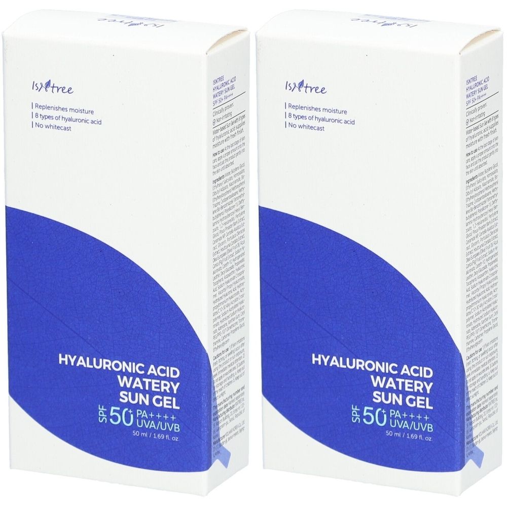 Deux boîtes blanches avec graphique bleu. Inscription: Hyaluronic Acid Watery Sun Gel, SPF 50. Marque: Istree.