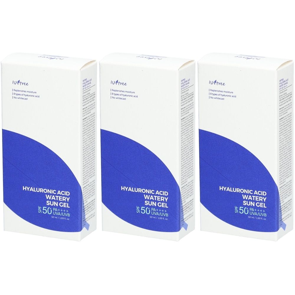 Trois boîtes blanches avec un demi-cercle bleu. Inscription : Hyaluronic Acid Watery Sun Gel, facteur 50.