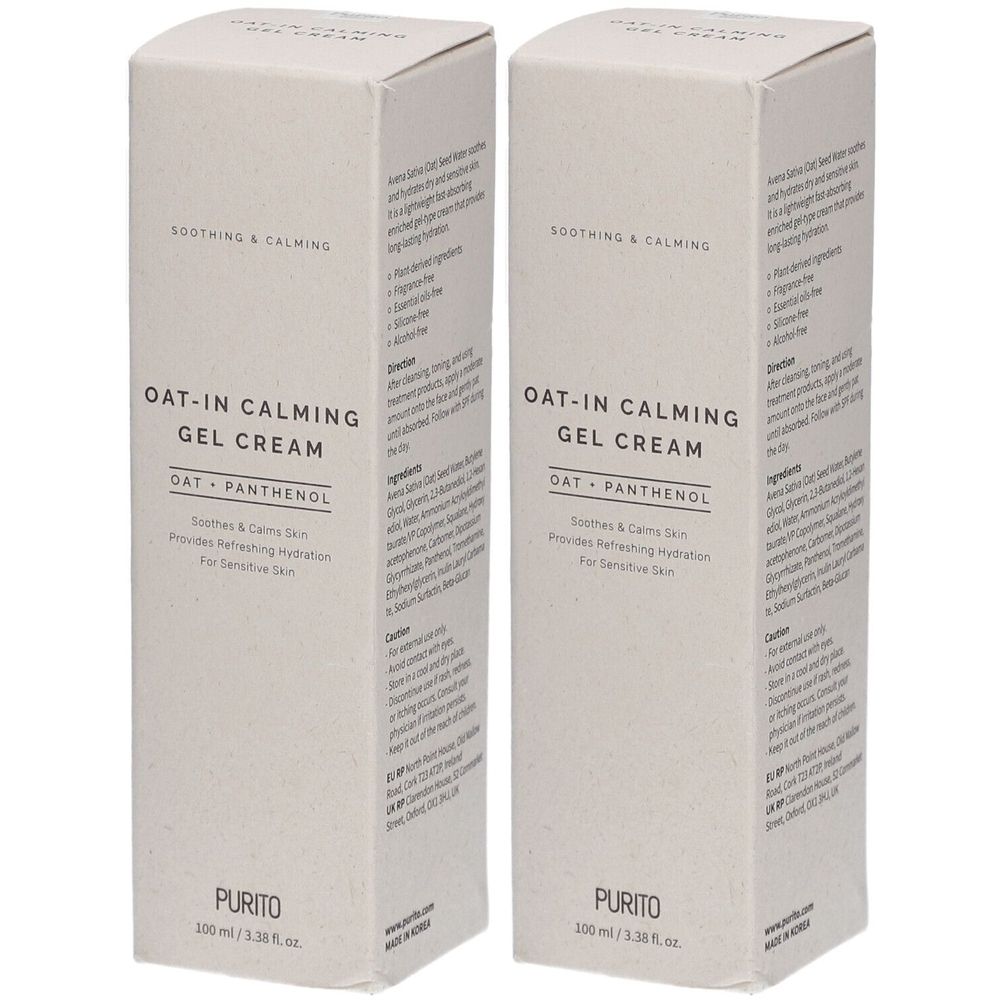 Deux boîtes rectangulaires. Inscription: OAT-IN CALMING GEL CREAM, OAT + PANTHENOL, PURITO. Texte en anglais.
