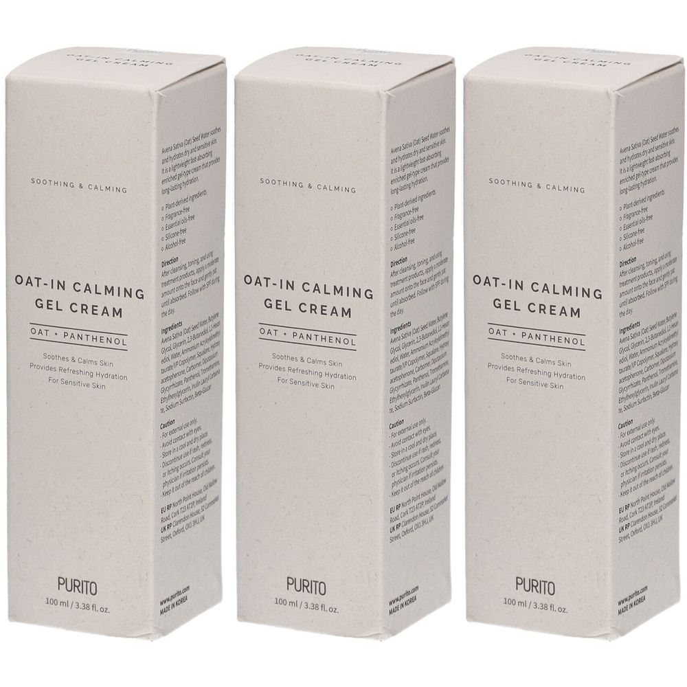 Trois boîtes rectangulaires avec texte. Inscription: OAT-IN CALMING GEL CREAM, PURITO. Texte: Apaise et calme la peau, procure une hydratation rafraîchissante.