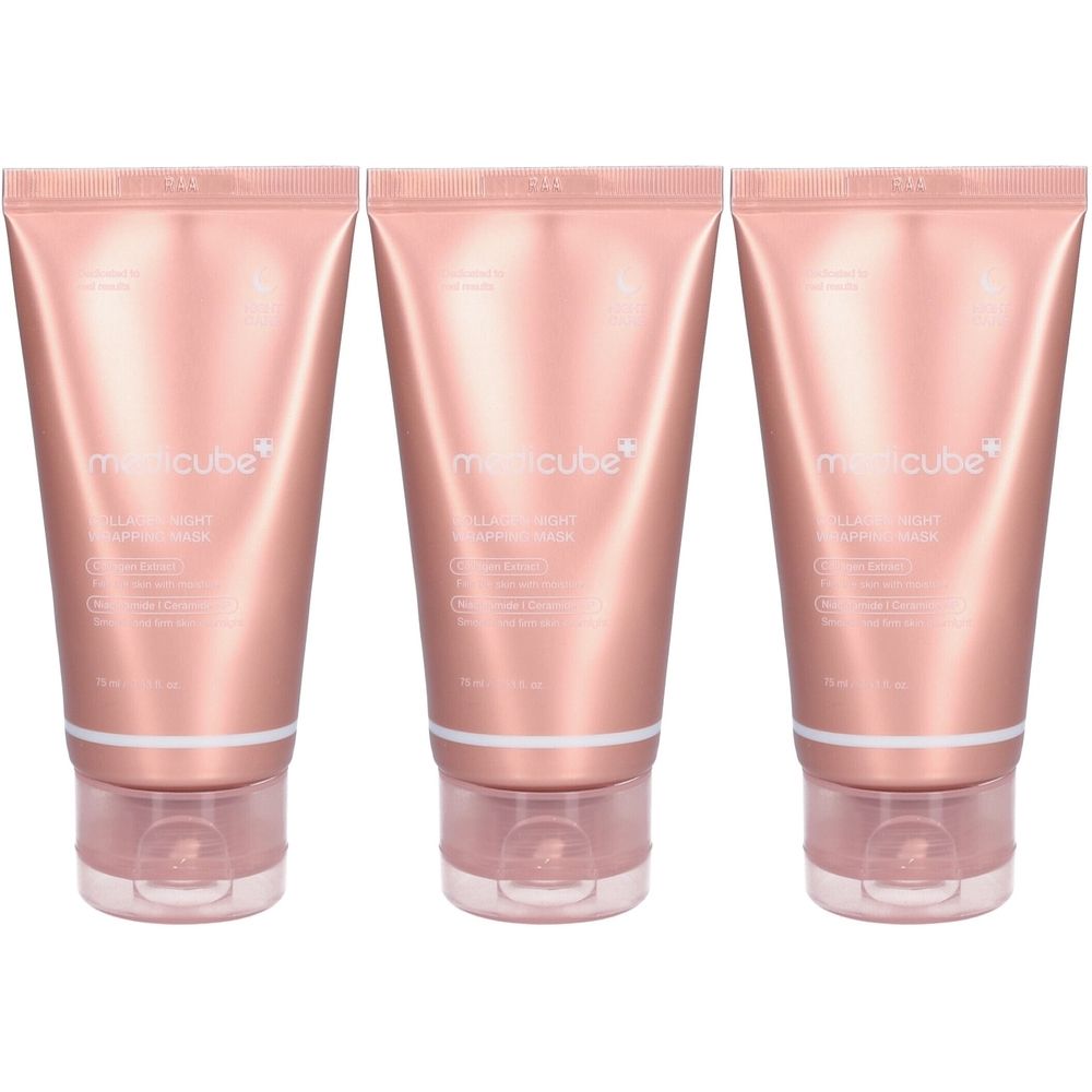 Trois tubes de MEDICUBE Kollagen-Nachtpackung Maske. Emballage rose avec texte blanc. Bouchon transparent rose.