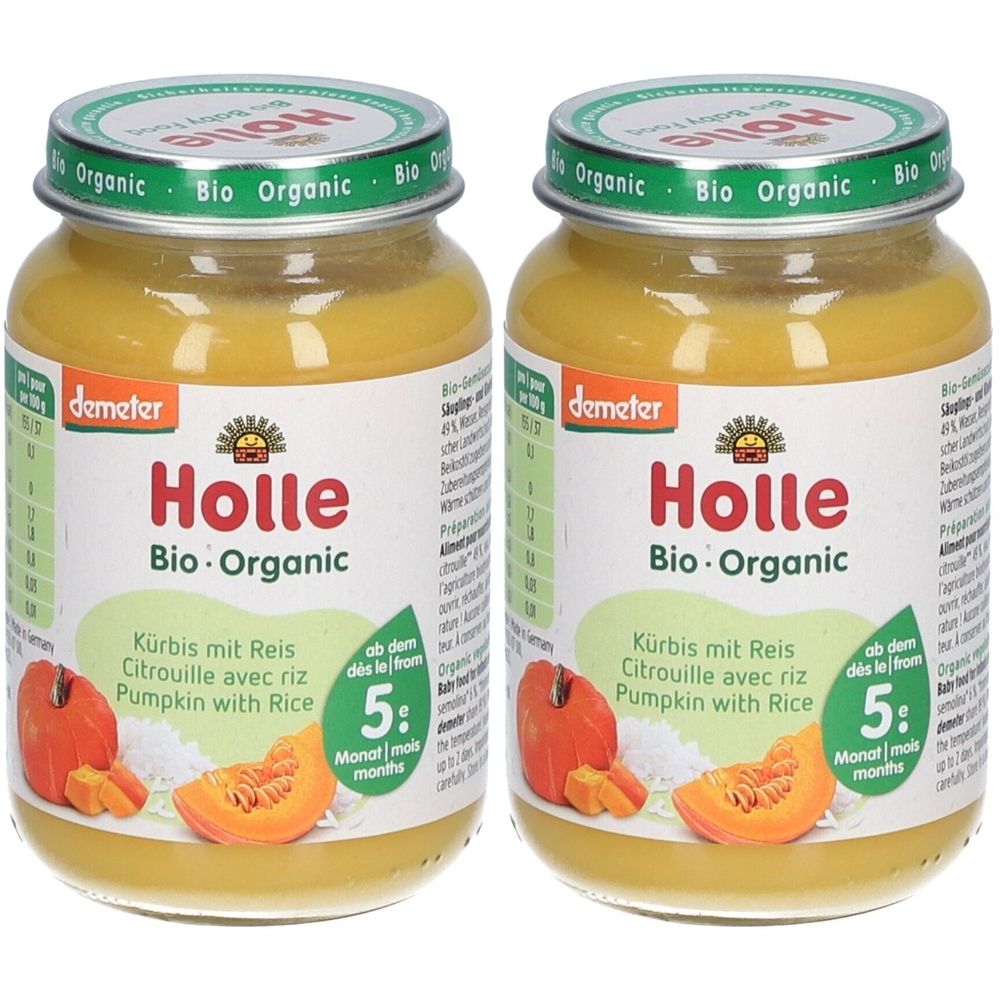 Deux pots de Holle Bio-Organic citrouille avec riz. Inscription: Citrouille avec riz, Pumpkin with Rice. À partir de 5 mois.