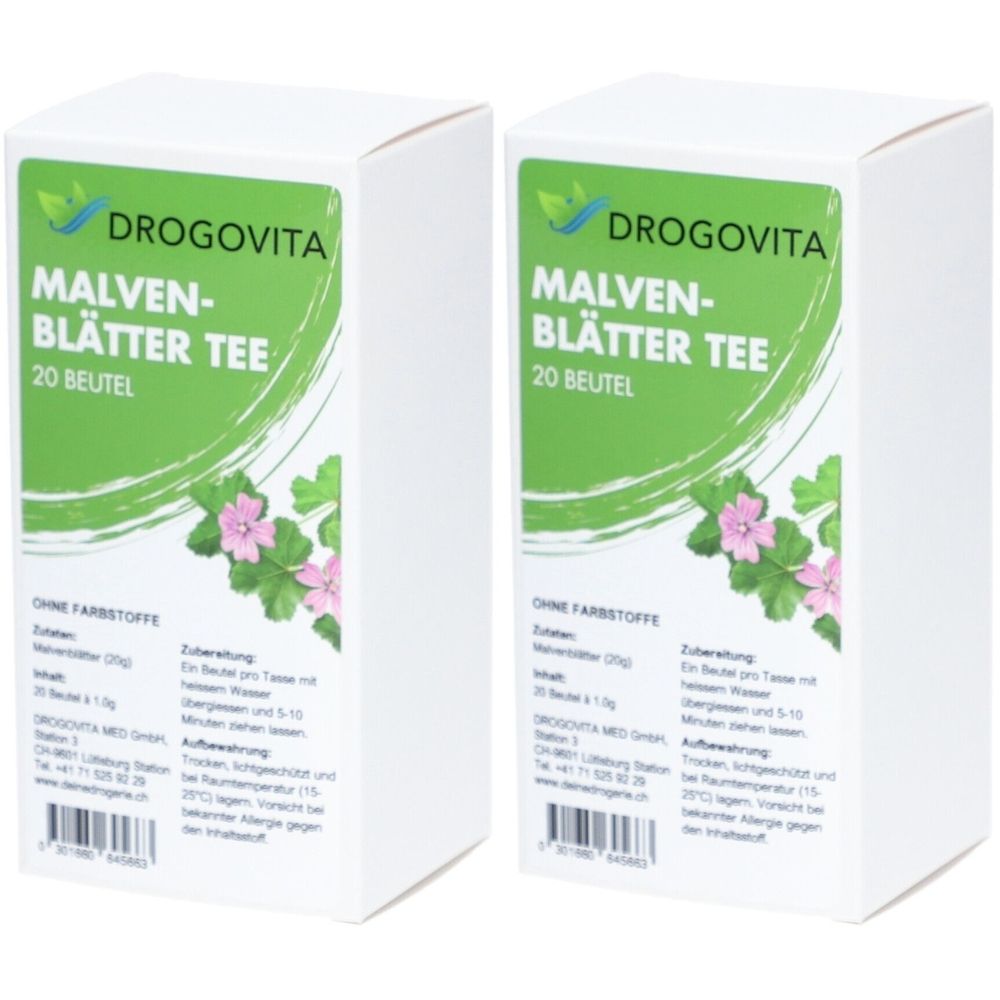 Deux boîtes blanches avec des étiquettes vertes. Inscription: DROGOVITA MALVEN-BLÄTTER TEE, 20 sachets. Illustration de fleurs de mauve.