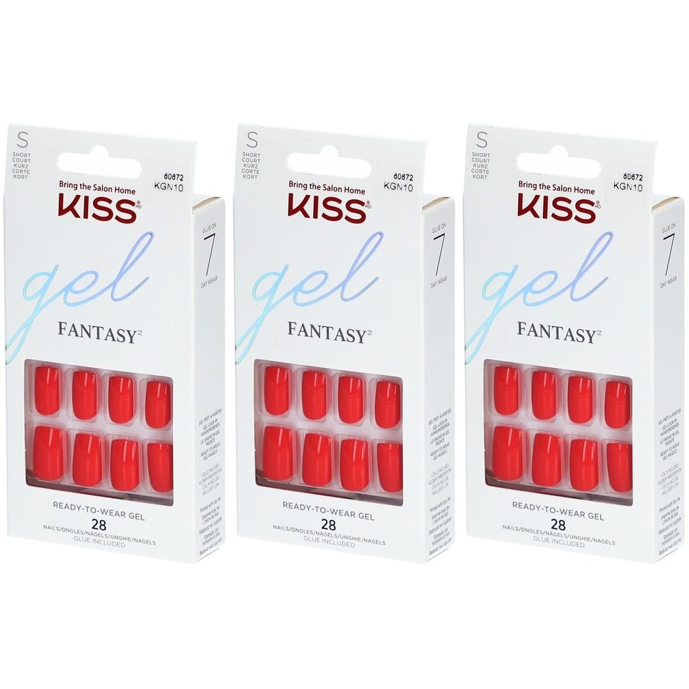 Trois boîtes de faux ongles rouges carrés. Marque KISS Gel Fantasy.  Boîtes blanches avec texte.