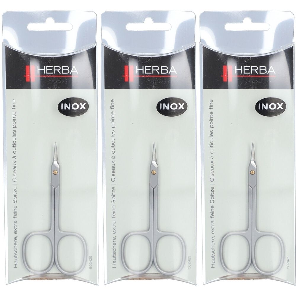 Trois ciseaux à cuticules emballés. Marque HERBA, acier inoxydable, pointe fine. Inscription INOX.