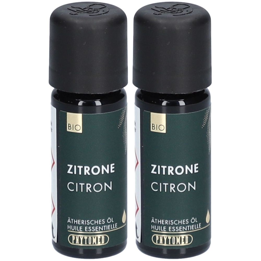 Deux flacons d'huile essentielle de citron avec bouchons noirs. Inscription : Citron, Citron, Huile essentielle, label BIO, PHYTOMED.