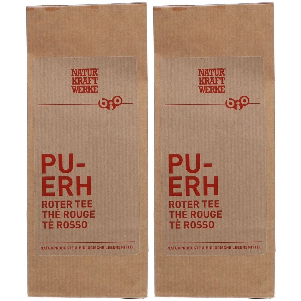 Deux sachets en papier brun avec texte rouge. En haut, NATUR KRAFT WERKE. En dessous, PU-ERH, Roter Tee, Thé Rouge, Té Rosso.