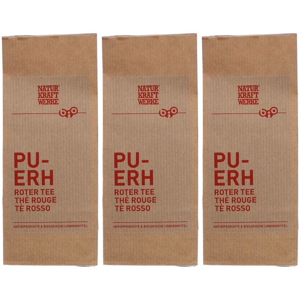 Trois sachets en papier brun avec texte rouge. Inscription: PU-ERH, Roter Tee, Thé Rouge, Te Rosso. Marque: NATUR KRAFT WERKE.
