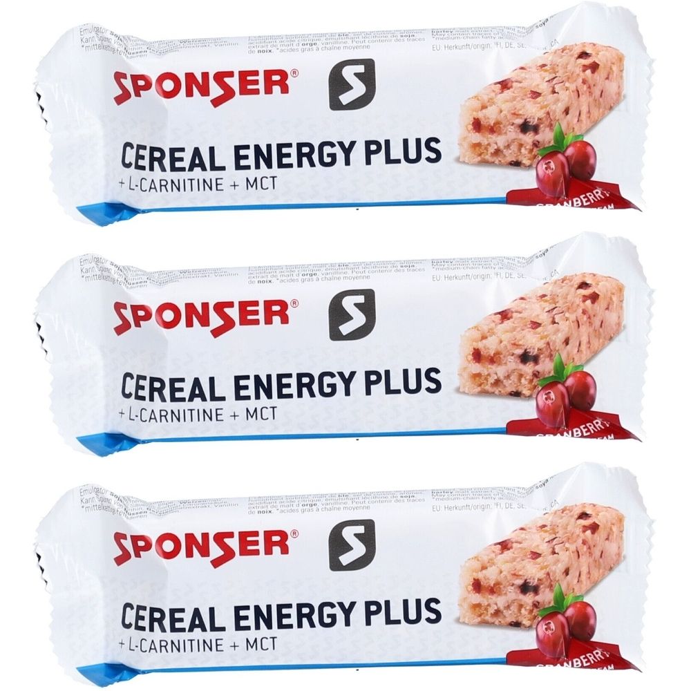 Trois barres SPONSER CEREAL ENERGY PLUS. Visible: morceaux de canneberge, logo, texte. Emballage avec nom du produit et ingrédients.