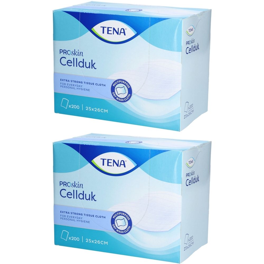 Deux boîtes de lingettes humides TENA Proskin Cellduk. Emballage bleu avec nom et logo du produit. Dimensions : 25x26cm, 200 lingettes.