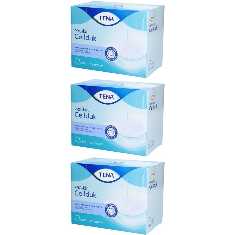 Trois boîtes de lingettes humides TENA Proskin Cellduk. Emballage bleu avec texte blanc. Dimensions 25 x 26 cm.