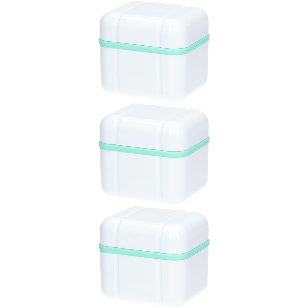 Trois boîtes carrées blanches avec des bordures menthe. Les boîtes ont des coins arrondis et des lignes verticales.