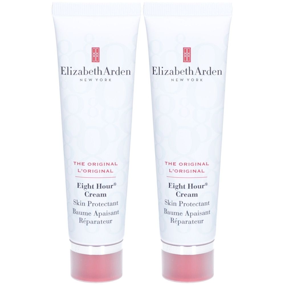 Deux tubes de crème protectrice pour la peau Elizabeth Arden. Inscription: Eight Hour Cream, Skin Protectant, Baume Apaisant, Réparateur.
