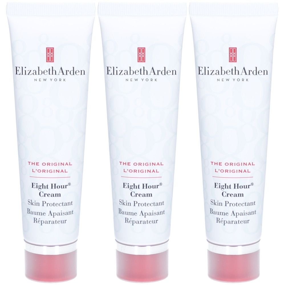 Trois tubes de crème pour la peau. Inscription : Elizabeth Arden, Eight Hour Cream. Blanc, avec bouchon rouge.