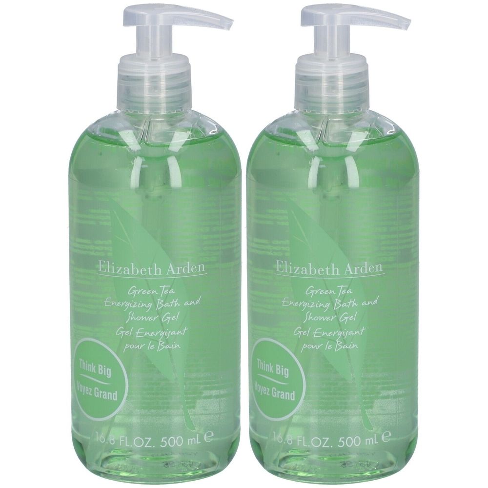 Deux flacons de gel douche vert avec pompe. Inscription : Elizabeth Arden Green Tea Energizing Bath and Shower Gel. 500 ml.
