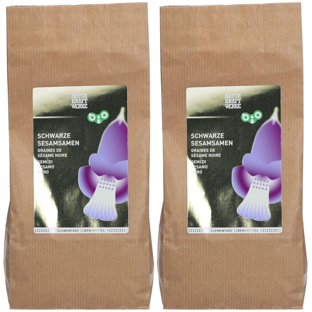 Deux sacs en papier brun avec étiquettes. Les étiquettes indiquent "SCHWARZE SESAMSAMEN" et "NATUR KRAFT WERKE".