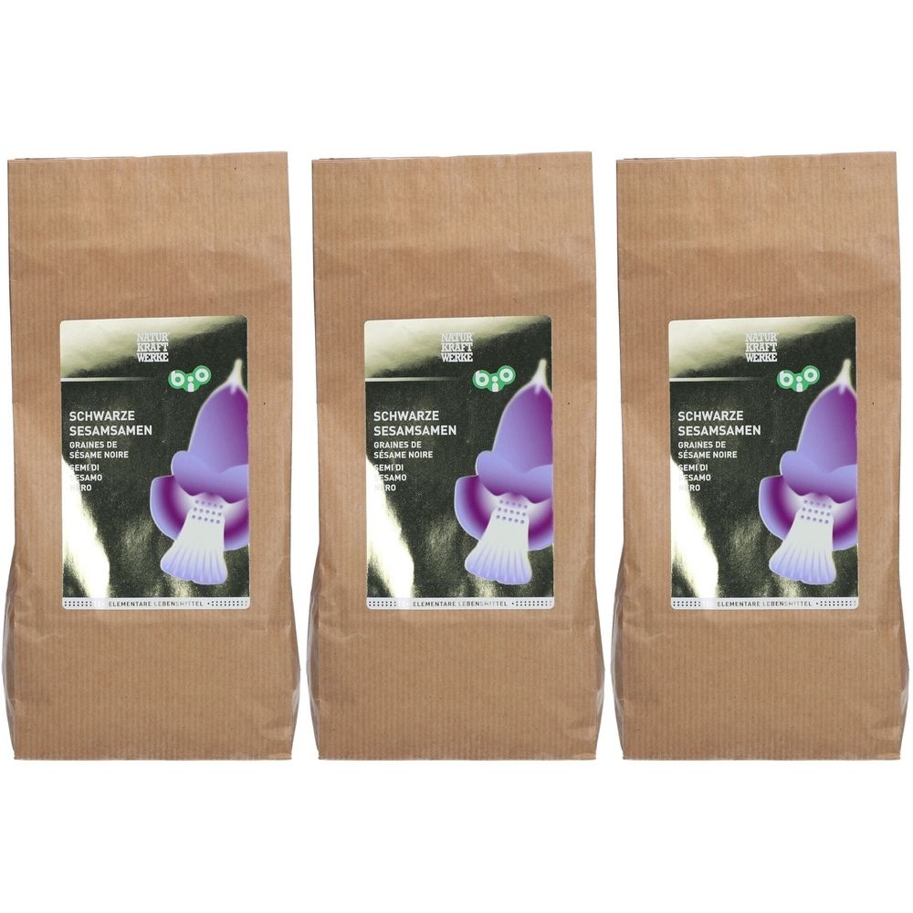 Trois sacs de graines de sésame noir. Impression avec nom du produit et image d'une fleur violette. Emballage en papier brun.