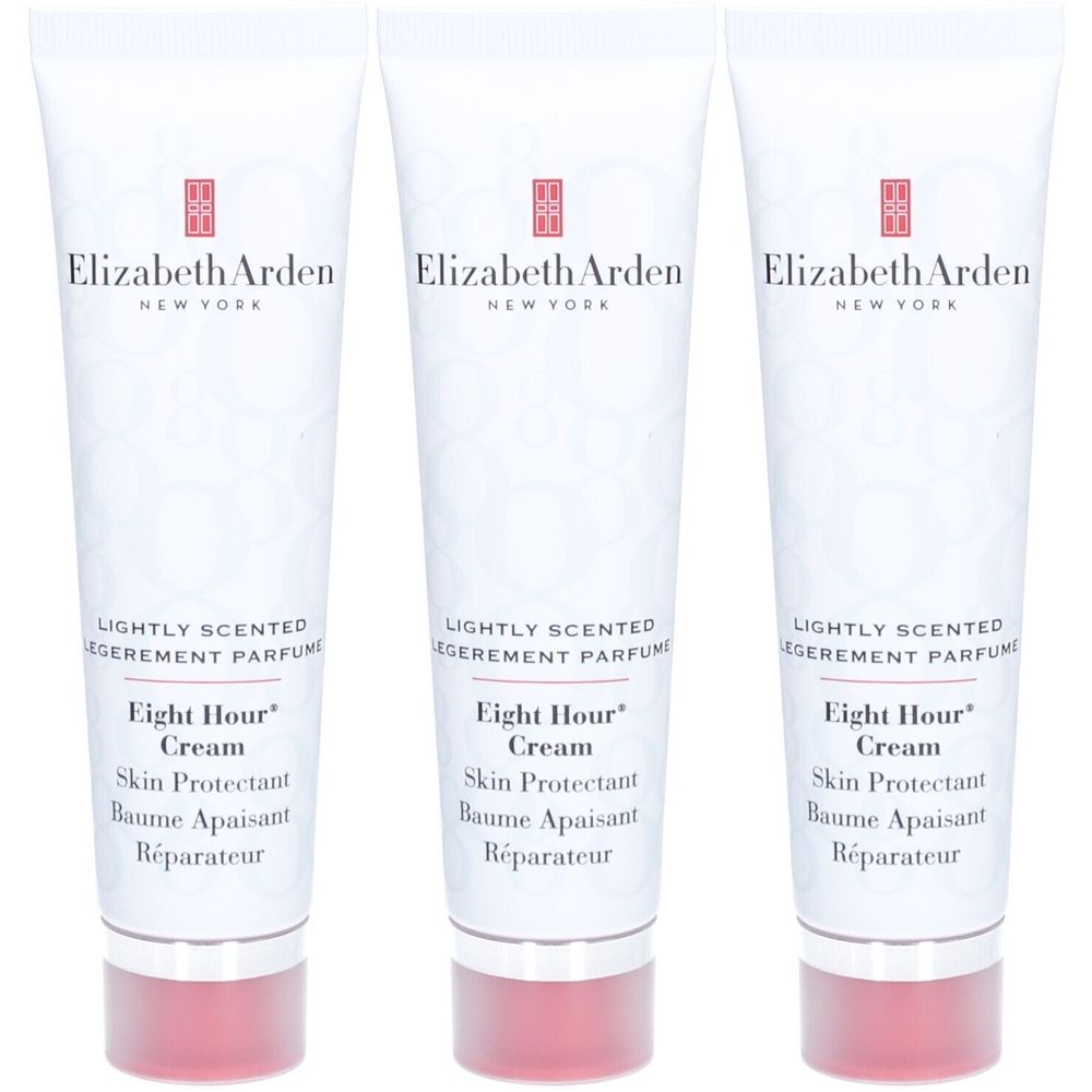 Trois tubes de crème blancs avec bouchons rouges. Inscription: Elizabeth Arden, Eight Hour Cream, Skin Protectant.