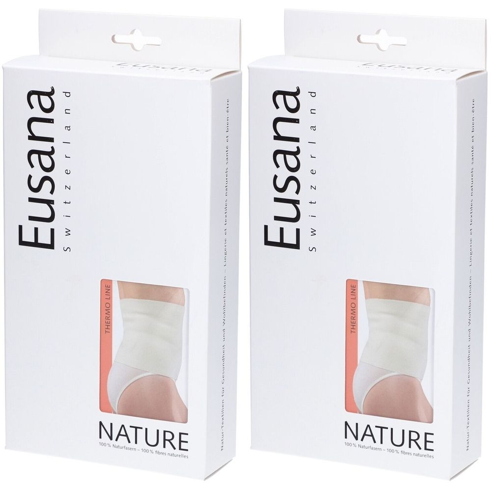 Deux boîtes blanches. Illustration d'un produit. Inscriptions: Eusana Switzerland, Thermo Line, Nature.