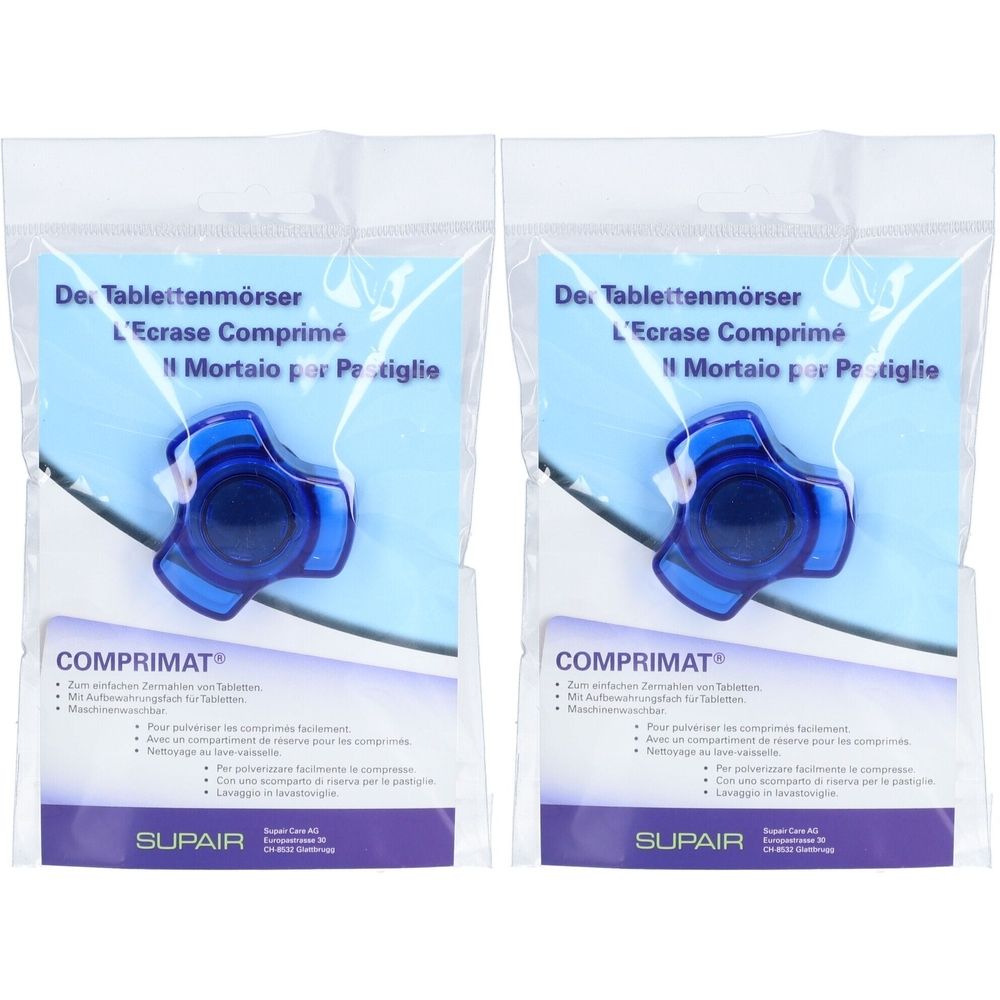 Deux broyeurs de comprimés COMPRIMAT dans un emballage plastique. Broyeurs bleus en forme d'étoile avec boîtier transparent. Texte: SUPAIR.