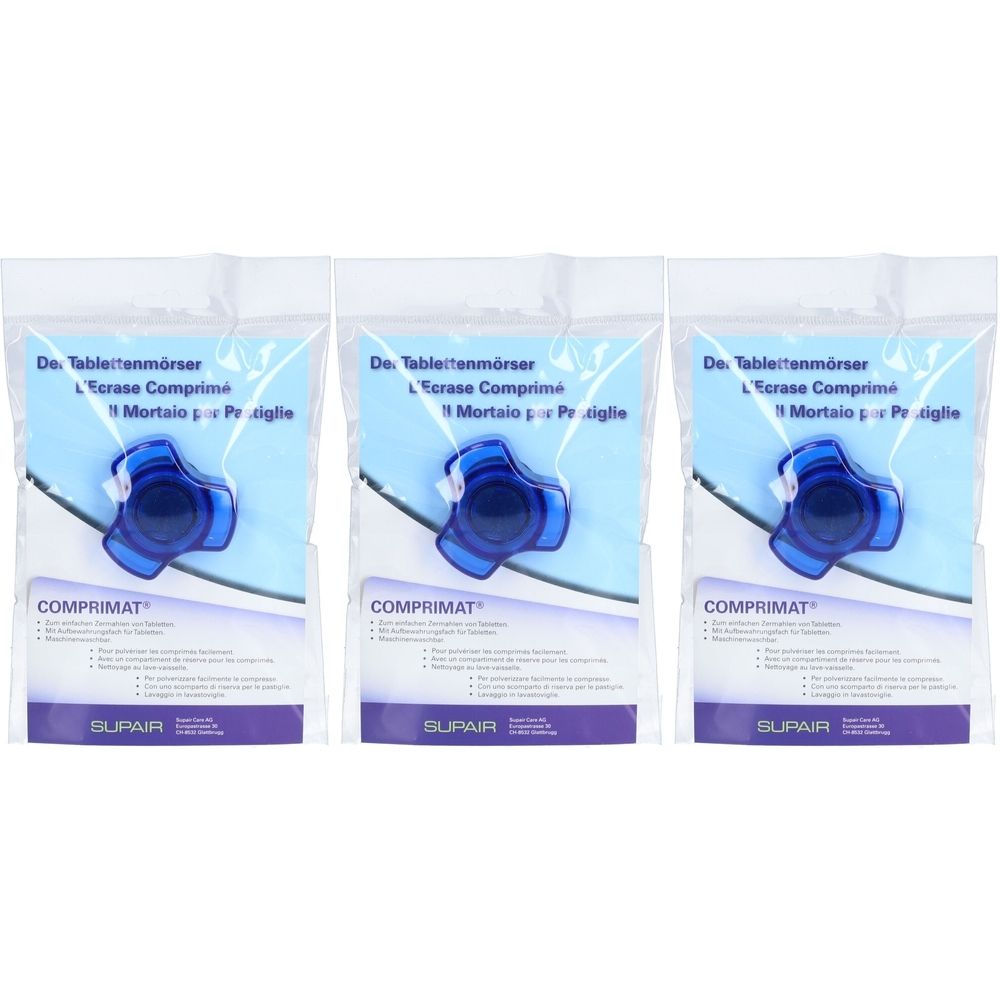 Trois broyeurs de comprimés en emballage plastique. Broyeurs bleus avec poignée en forme d'étoile. Inscription: COMPRIMAT, SUPAIR.