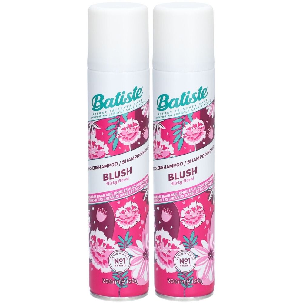 Deux flacons de shampooing sec Batiste Blush, motif floral rose. Bouchon blanc. Texte: Flirty Floral, 200ml.