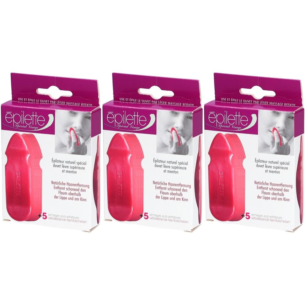 Trois boîtes d'épilateurs. Chaque boîte contient un épilateur rouge et porte l'inscription "épilette".