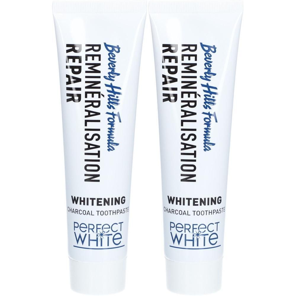 Deux tubes de dentifrice. Inscription: Beverly Hills Formula, Reminéralisation, Repair, Whitening, Perfect White.