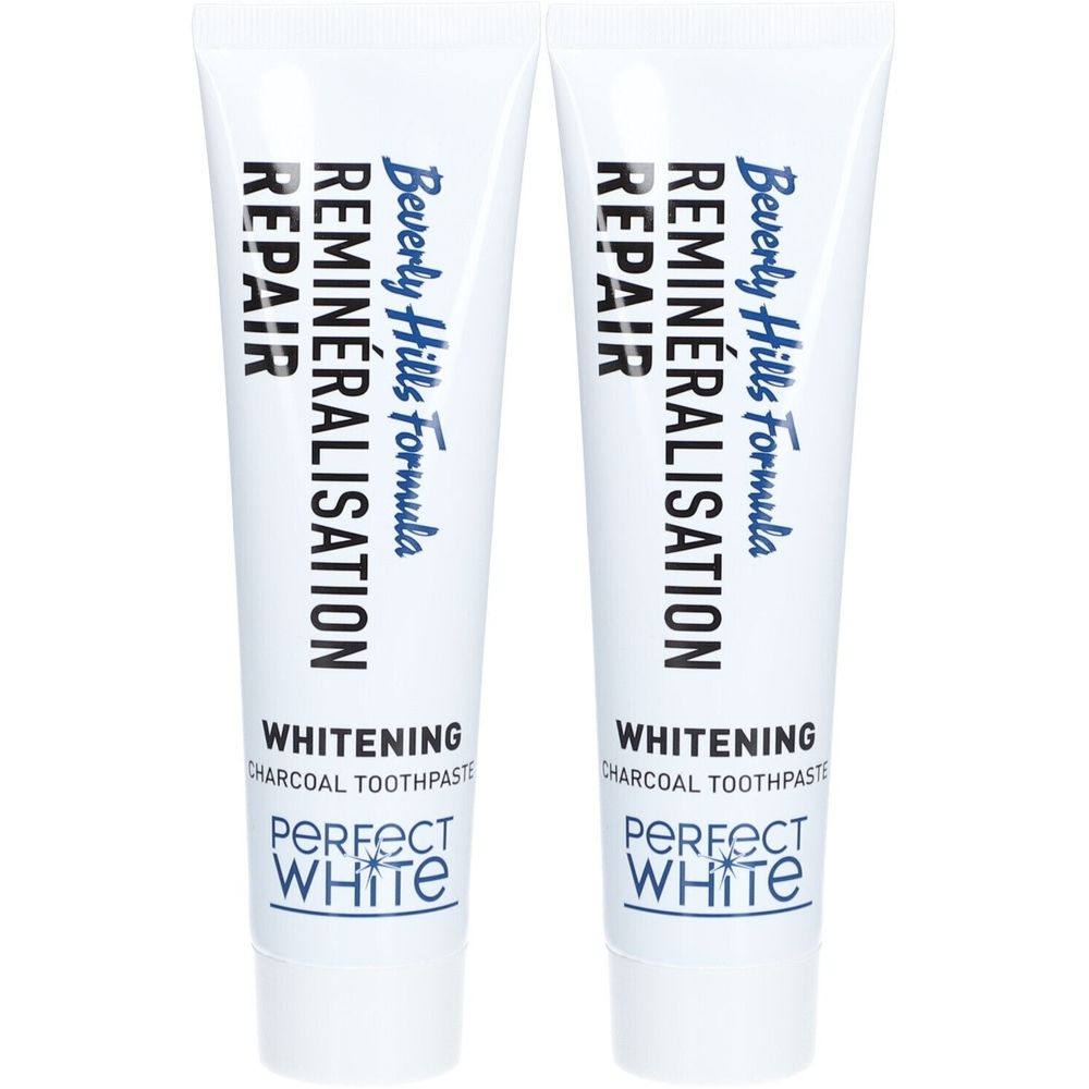 Deux tubes de dentifrice. Inscription: Beverly Hills Formula, Reminéralisation, Repair, Whitening, Perfect White.
