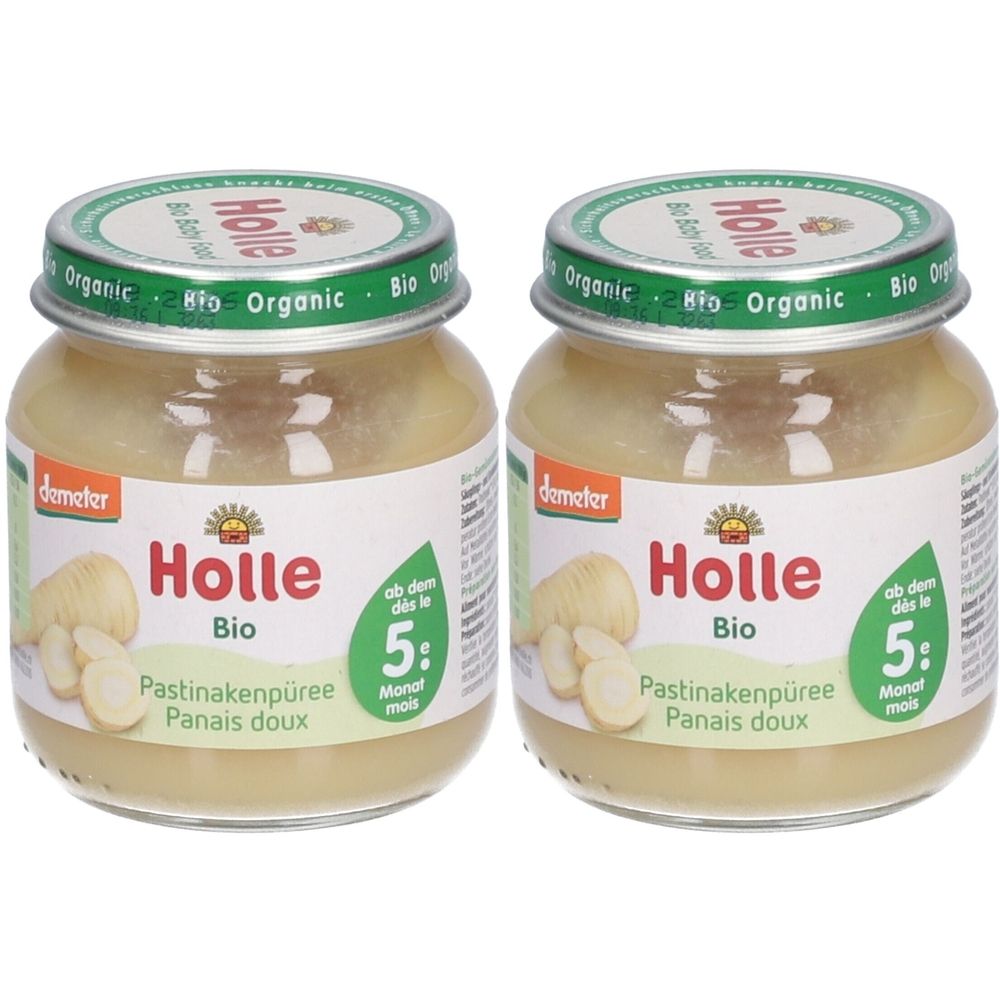 Deux pots de purée de panais bio Holle. Pots en verre avec couvercles à vis, étiquettes avec nom et âge.