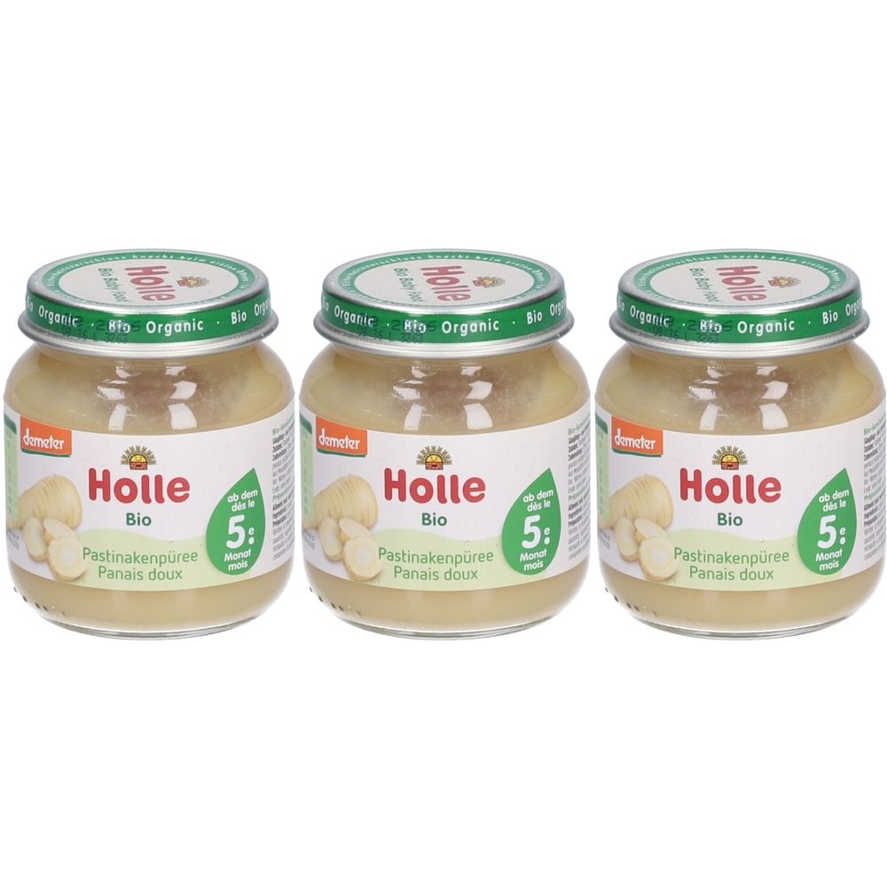 Trois pots de purée de panais bio Holle. Pots avec couvercles, étiquettes avec nom du produit et recommandation d'âge.