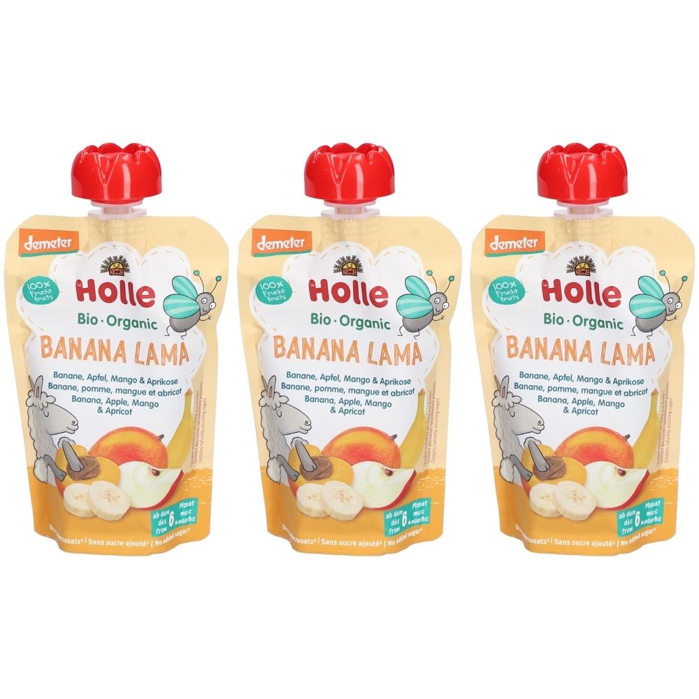 Trois gourdes avec bouchon rouge. Inscription : Holle Bio-Organic Banana Lama. Avec banane, pomme, mangue et abricot.