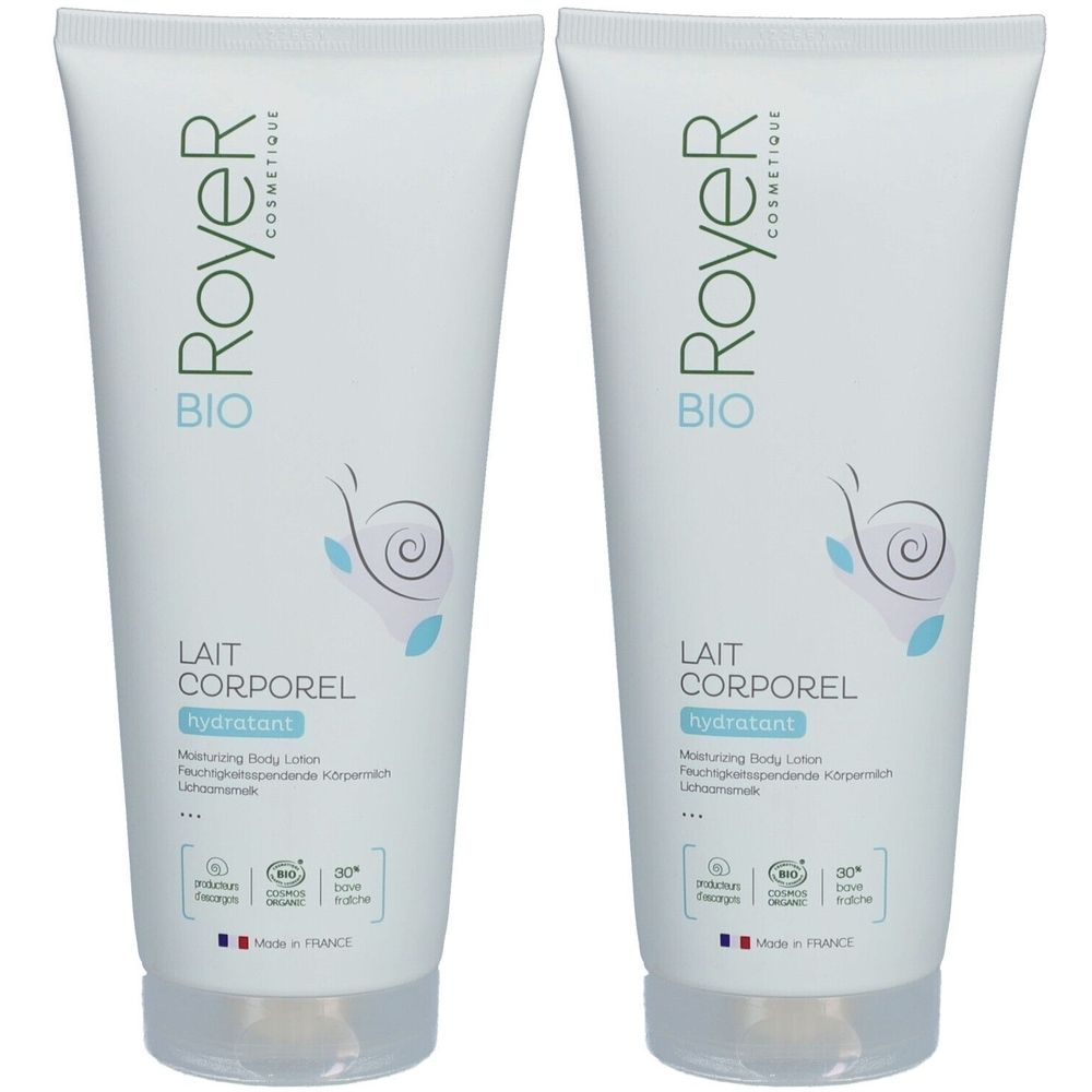 Deux tubes blancs de ROYER Lait Corporel. Inscription: BIO, hydratant. Symbole d'escargot. Labels: Cosmos, Made in France.
