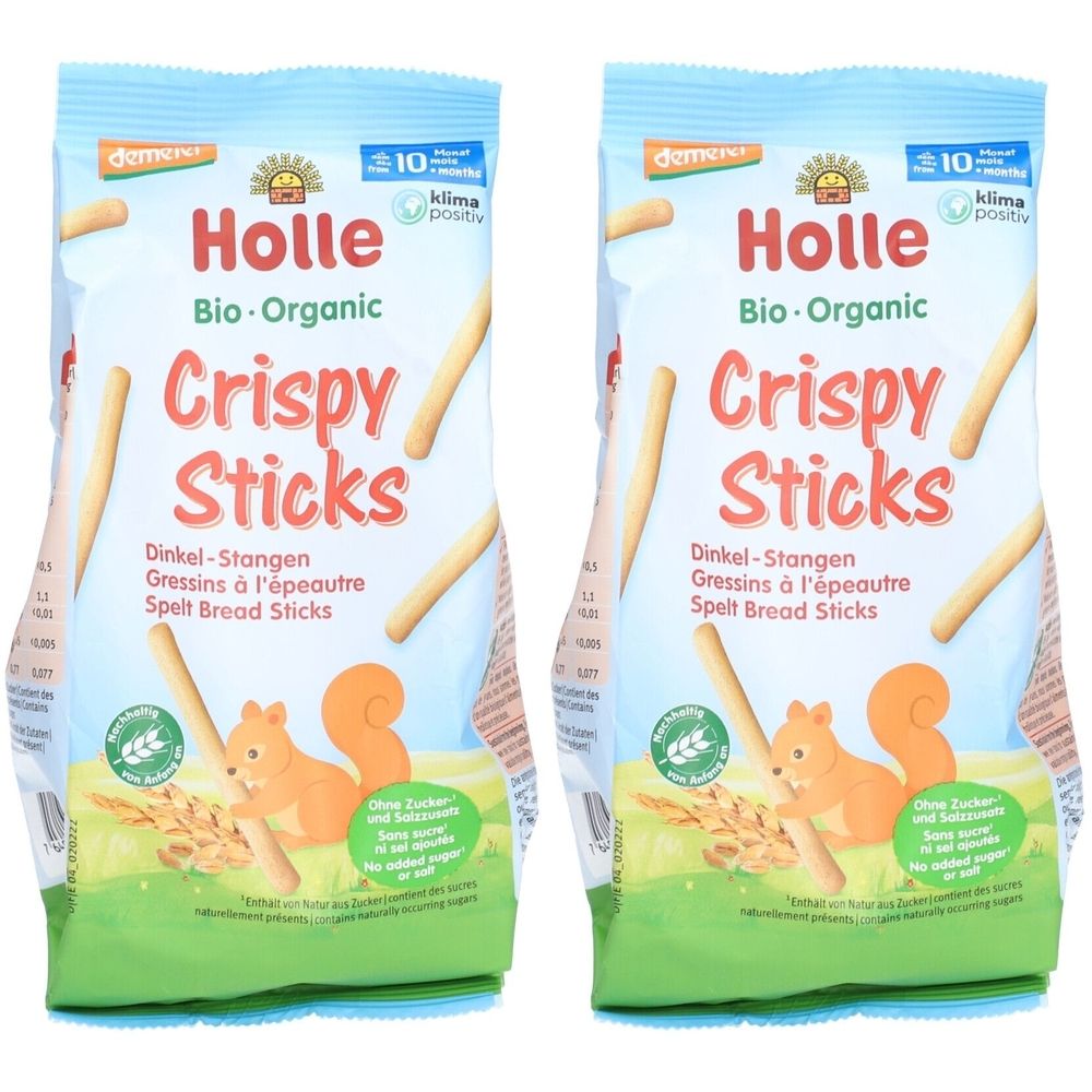 Deux paquets de Holle Crispy Sticks. Inscription : Bio-Organic, Crispy Sticks, Dinkel-Stangen. Illustration d'un écureuil. Label Demeter.