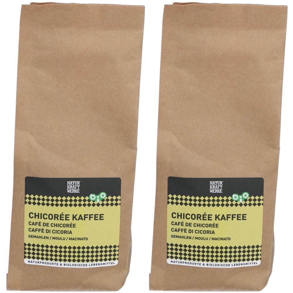 Deux sachets bruns avec étiquettes. "Chicorée Kaffee" en plusieurs langues sur les étiquettes. Logo visible.
