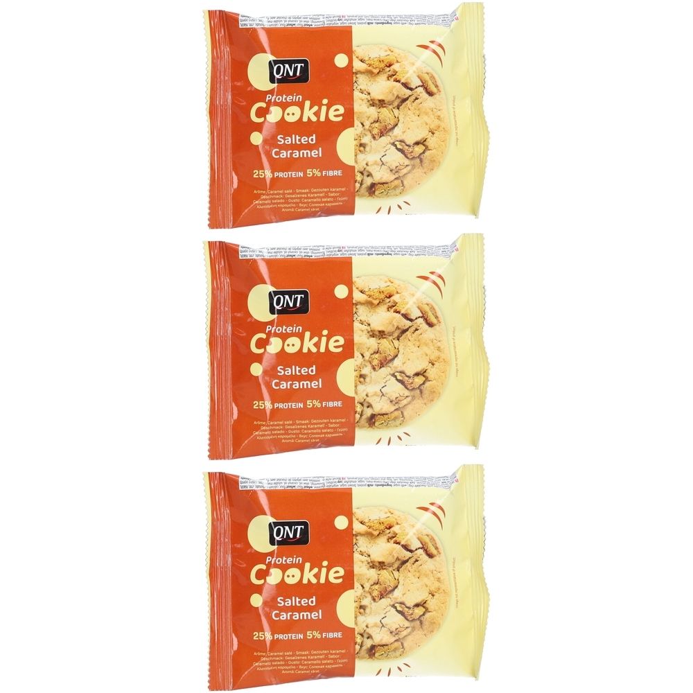 Trois cookies protéinés emballés, saveur caramel salé. Emballage orange avec nom du produit et logo.